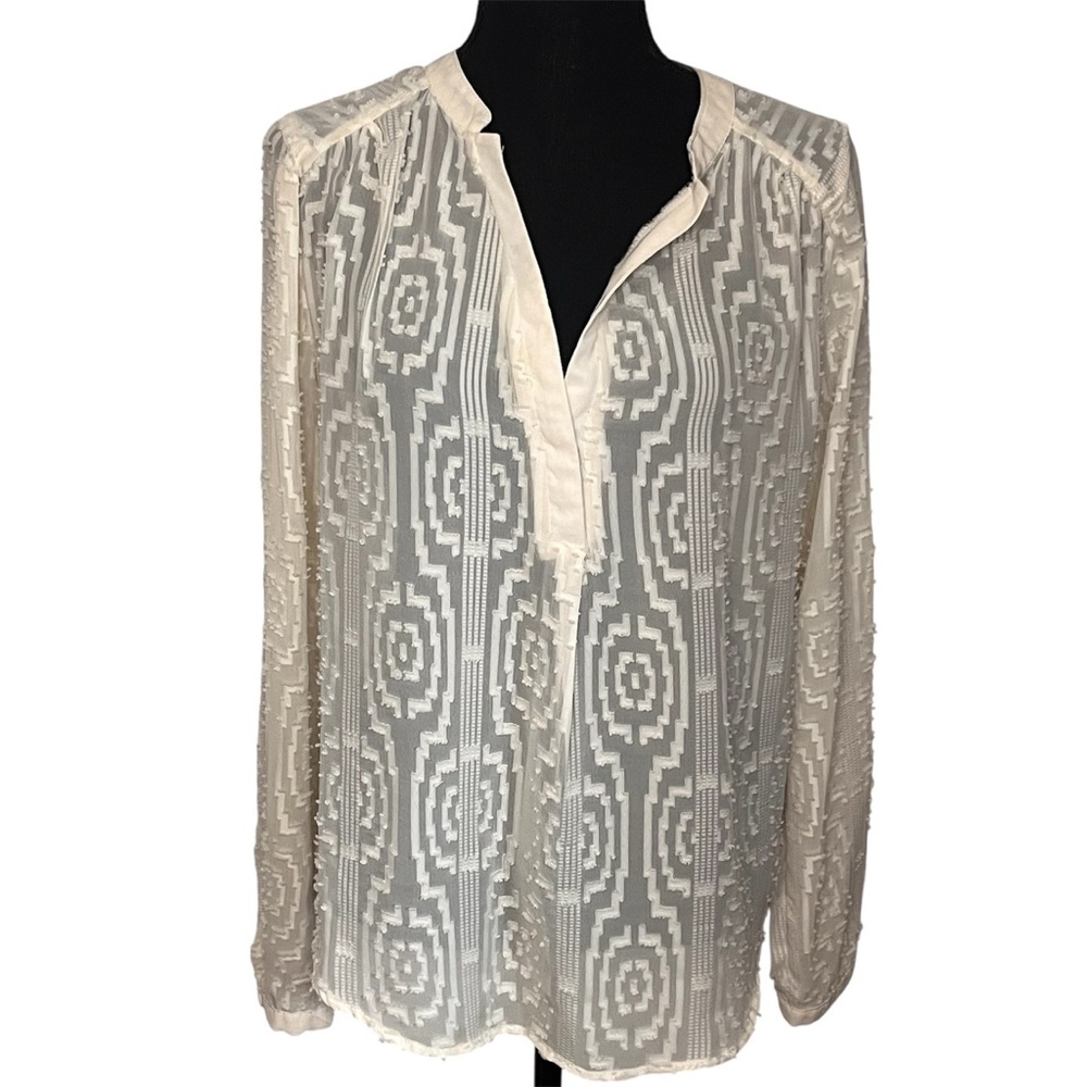 Buttons Textured Geometric Sheer Blouse Sz M Cream Ivory V Neck Long Sleeve